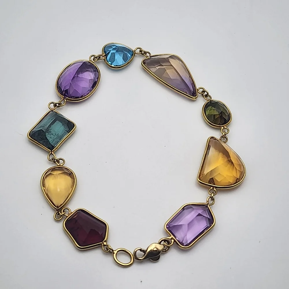 Vintage 18 Karat Gold Gemstone (Aqua, Sapphire, Topaz, & More) Bracelet (7") - Picture 1 of 10